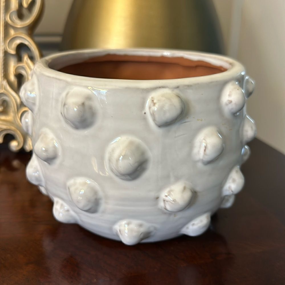 Terracotta Glazed White Planter with Dots Decor